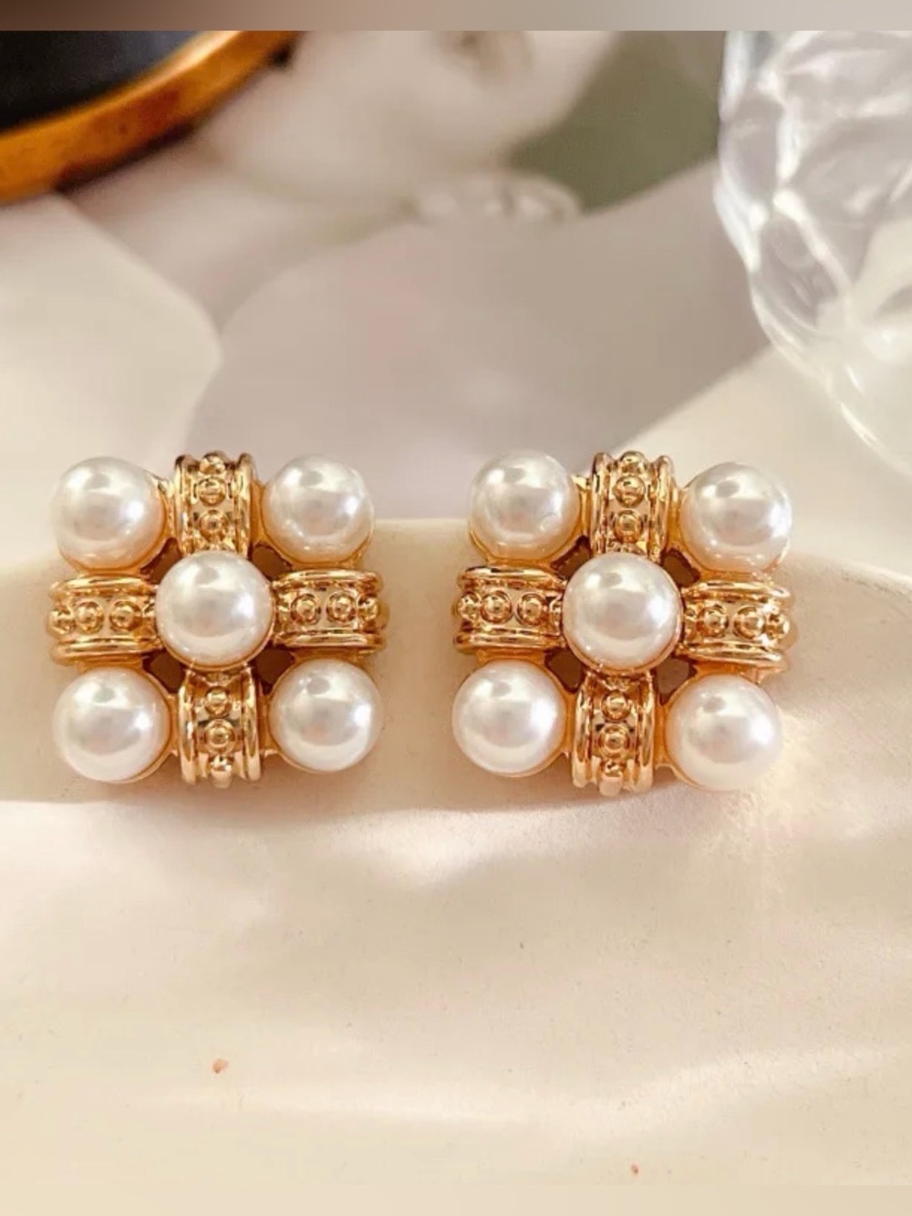 Baroque Square Gold and Pearl Stud Earrings, Chic Classic Stud Earrings, Luxury